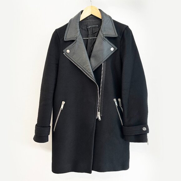 Zara Lambskin Leather and Wool Moto Coat in Black Large - Picture 1 of 5